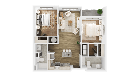 a 3d rendering of a furnished floor plan with bedroom and living room